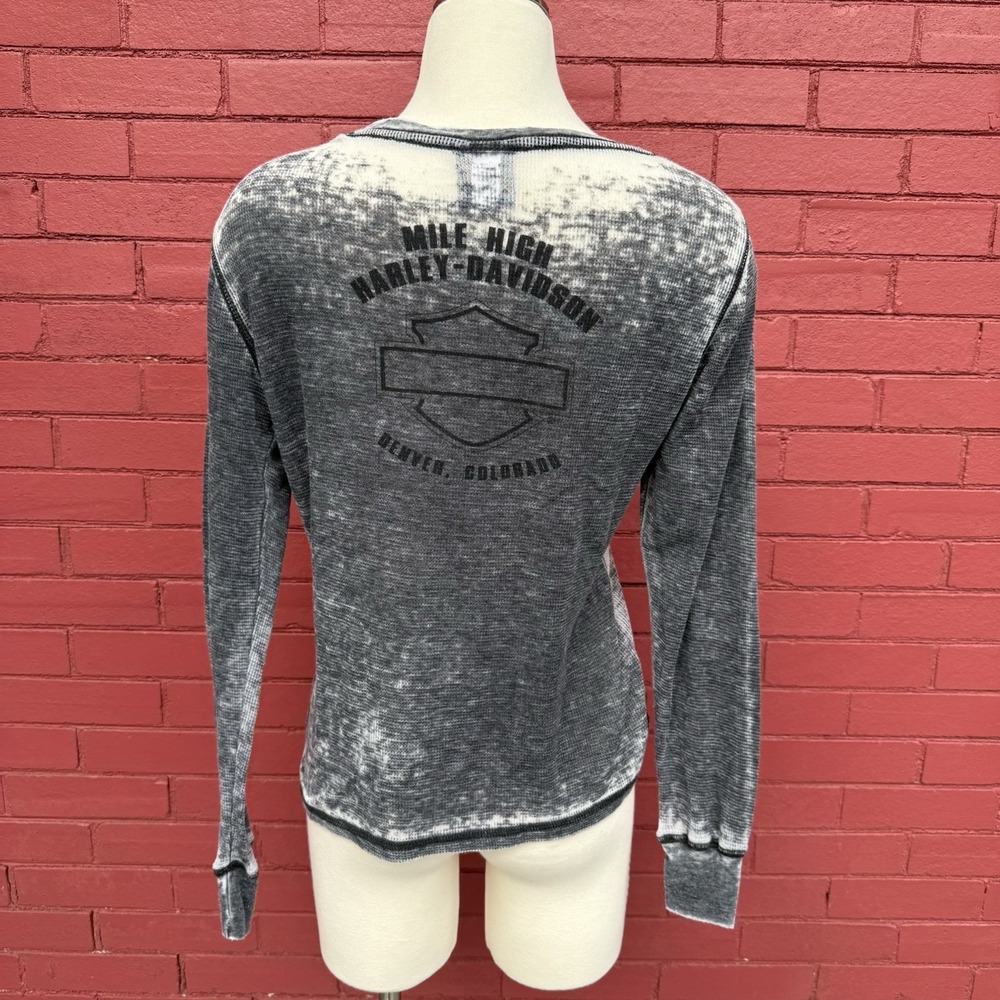 Harley Davidson Chrome Fade Sheer‎ Knit Shirt Women Small Pocket Long Sleeve - Picture 6 of 9